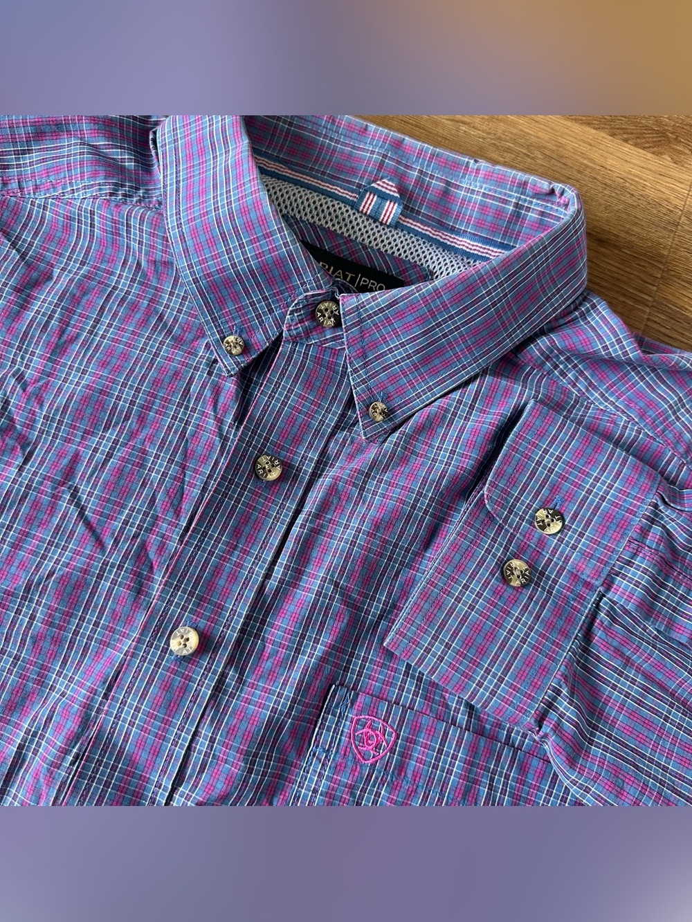 Ariat Pro Series Button Up Shirt Mens XXL Pink Blue Plaid Classic Western Cowboy